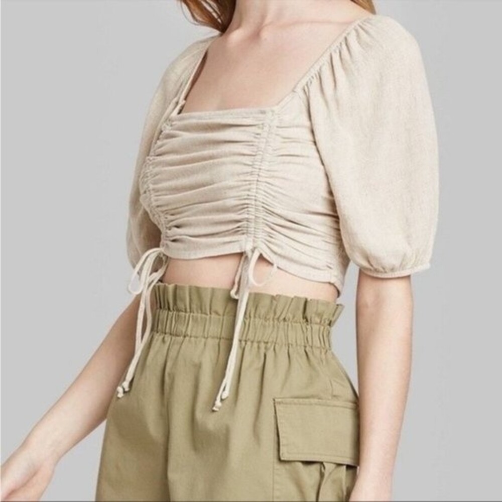 WILD FABLE CROPPED RUNCHED LINEN TOP - M
